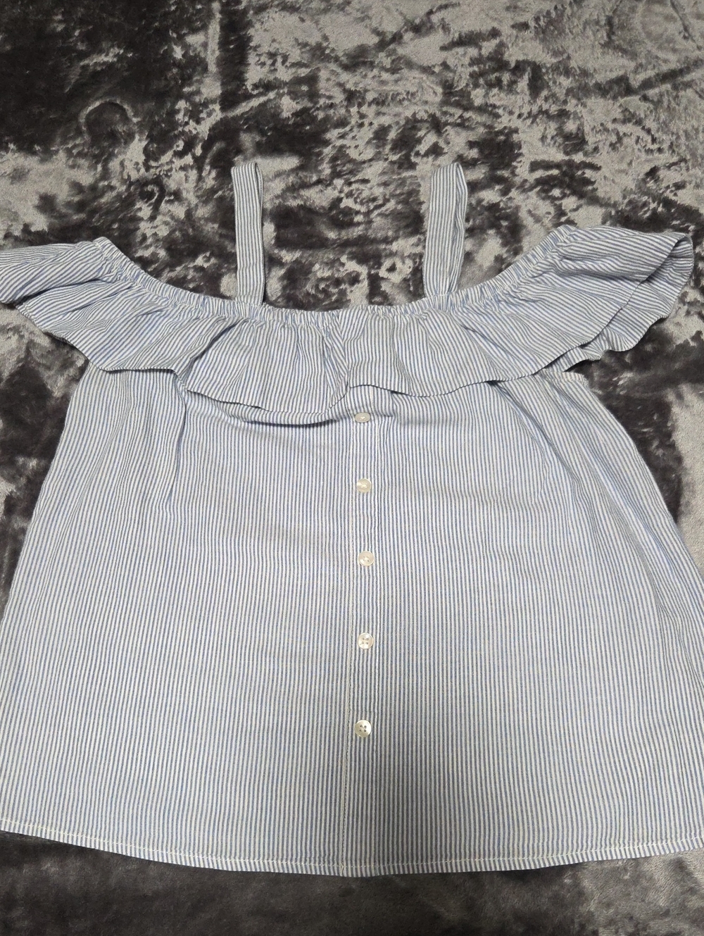 Charlotte Russe Blue & White Striped Off-Shoulder Ruffle Button Top